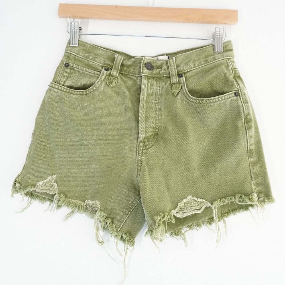 We The Free Olive Green Denim Shorts Size 24 Distressed Frayed Hem Casual